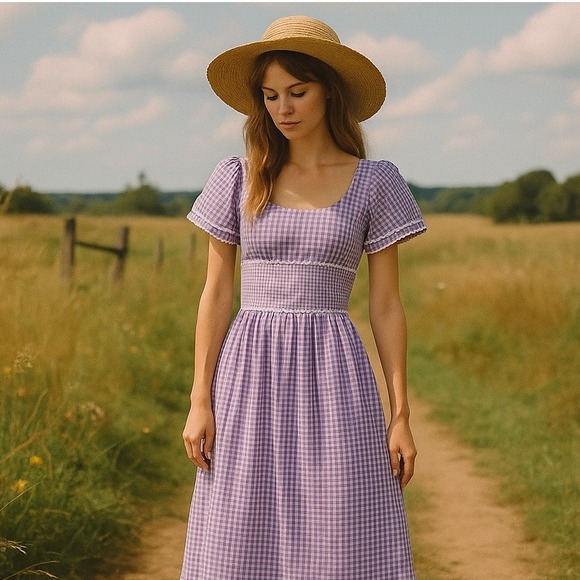 Vintage Dresses & Skirts - VTG 70s Purple Gingham Maxi‎ Dress Prairie Cottagecore Lace Trim Flutter Sleeve
